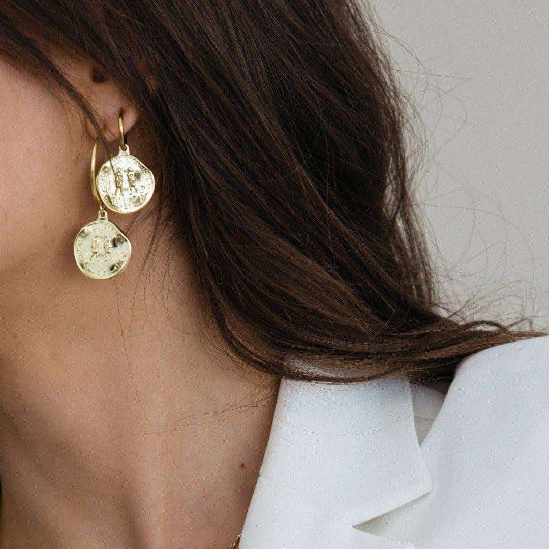 small gold hoop earrings with roman coin pendants 18k gold plated bras –  Jonesy Wood