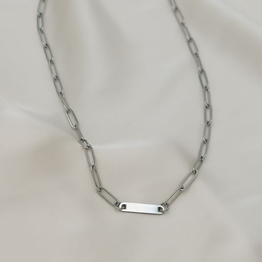 Silver Custom Engraved Bar Paperclip Necklace